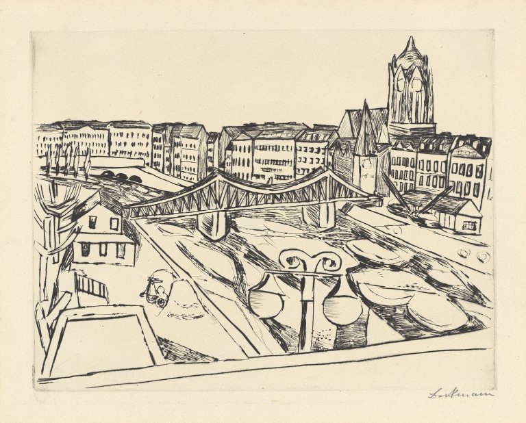 Auf diesem Bild ist das folgende Kunstwerk zu sehen: Max Beckmann. „Stadtansicht mit eisernem Steg“. 1923.