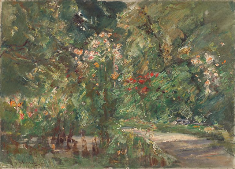Auf diesem Bild ist das folgende Kunstwerk zu sehen: Max Liebermann. „Blumenstauden im Nutzgarten nach Nordwesten“. 1929 (?).