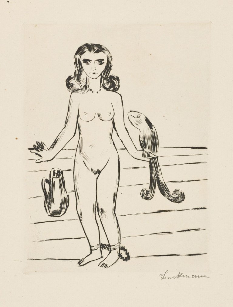 Auf diesem Bild ist das folgende Kunstwerk zu sehen: Max Beckmann. „Die Prinzessin Ursula von Bärwalde im Schloßturm von König Jerum gefangen, beraten von dem guten Vogel Neuntöter“. 1923.