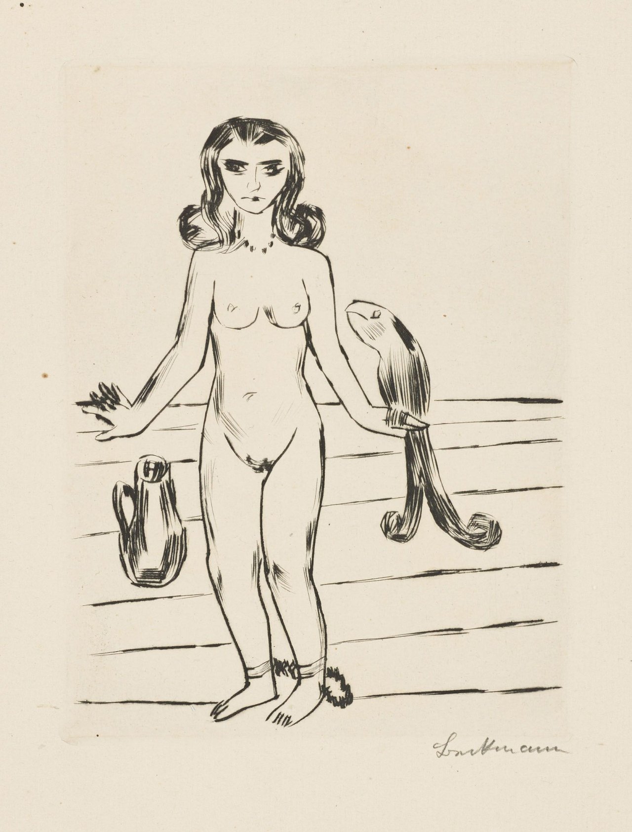 Auf diesem Bild ist das folgende Kunstwerk zu sehen: Max Beckmann. „Die Prinzessin Ursula von Bärwalde im Schloßturm von König Jerum gefangen, beraten von dem guten Vogel Neuntöter“. 1923.