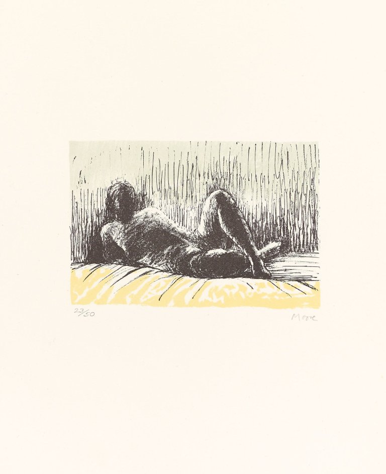 Auf diesem Bild ist das folgende Kunstwerk zu sehen: Henry Moore. „Reclining figure“ / „Six Reclining Figures with blue background“. 1974.