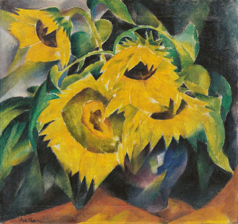 Auf diesem Bild ist das folgende Kunstwerk zu sehen: Adolf de Haer. Sonnenblumen in blauer Vase. Um 1920.