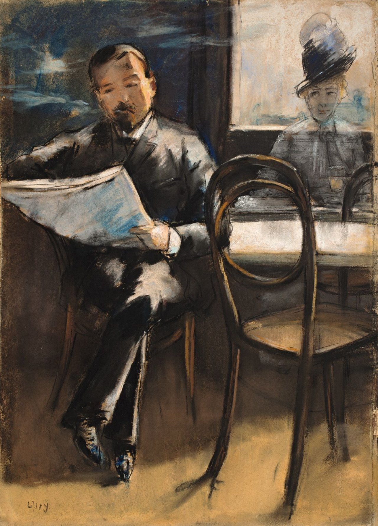 Auf diesem Bild ist das folgende Kunstwerk zu sehen: Lesser Ury. „Zeitungsleser im Café“. Ende 1890er Jahre.