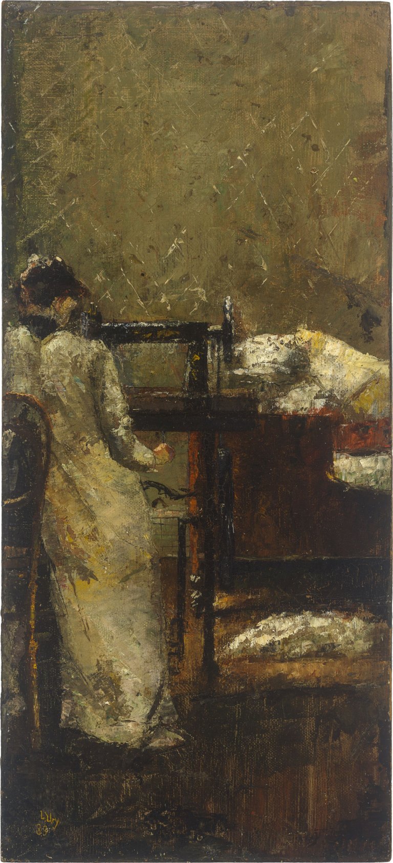 Auf diesem Bild ist das folgende Kunstwerk zu sehen: Lesser Ury. Frau an der Nähmaschine. 1883.