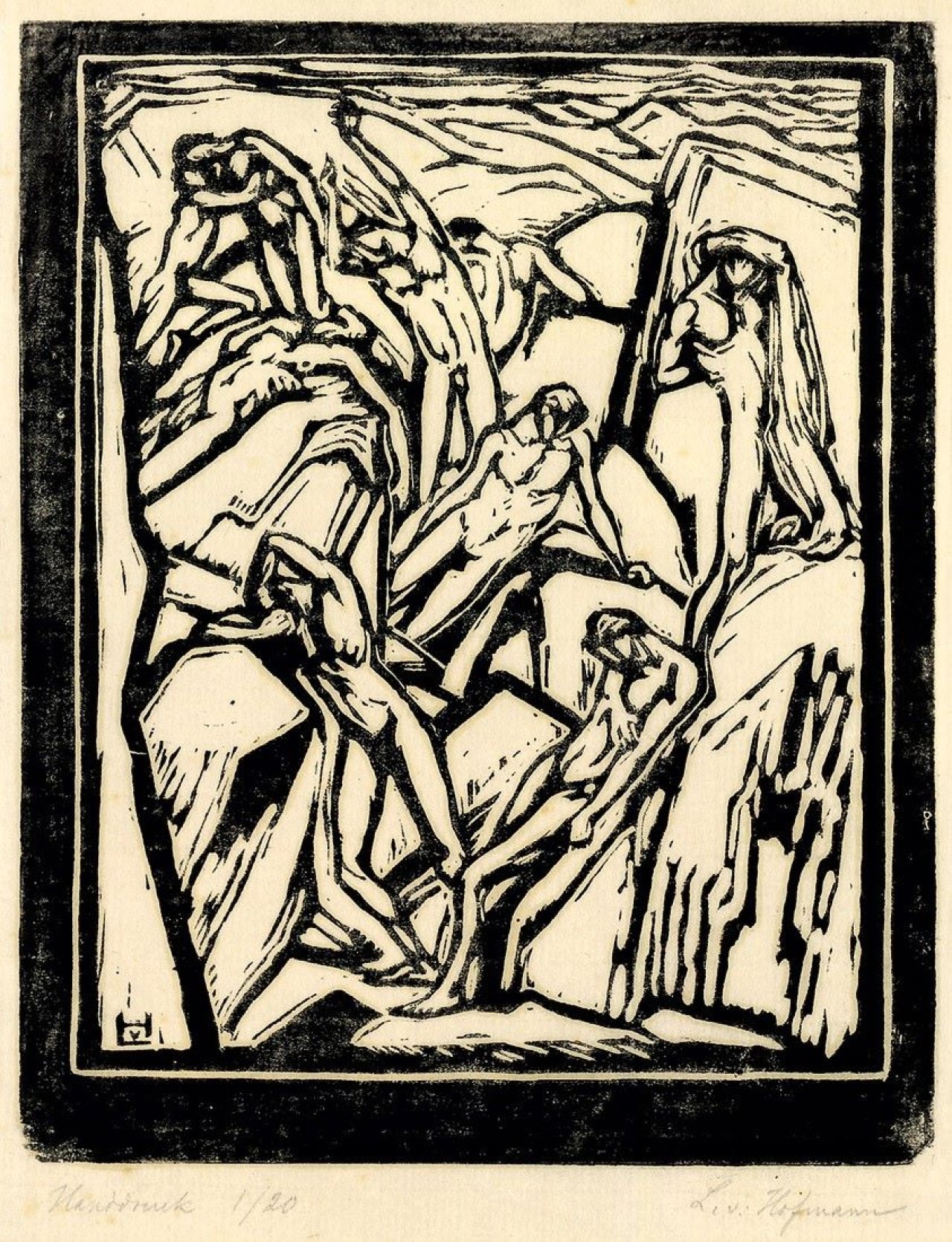 Auf diesem Bild ist das folgende Kunstwerk zu sehen: Ludwig von Hofmann. Gebrochene Kraft / Tanz mit Tamburin / Fünf Akte in Landschaft / Springende Mädchen. Um 1917.