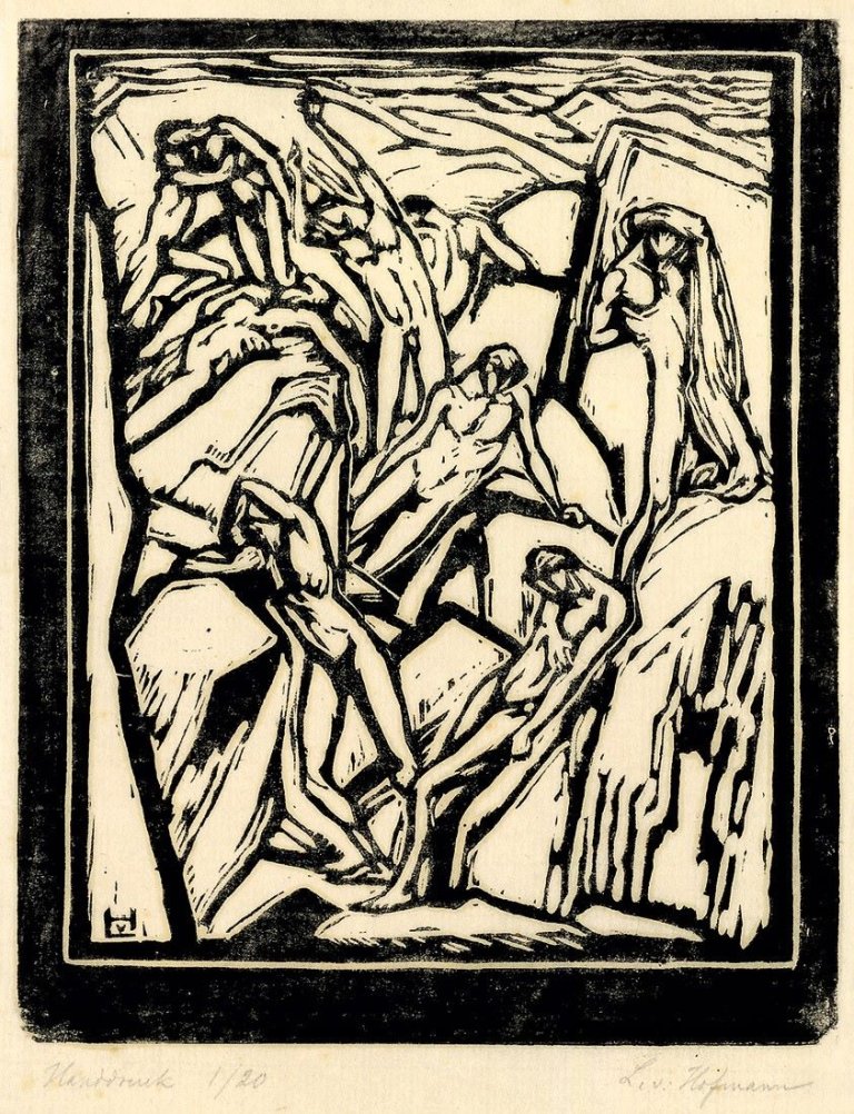 Auf diesem Bild ist das folgende Kunstwerk zu sehen: Ludwig von Hofmann. Gebrochene Kraft / Tanz mit Tamburin / Fünf Akte in Landschaft / Springende Mädchen. Um 1917.