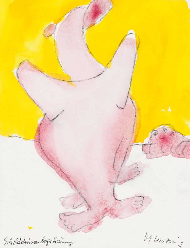 Auf diesem Bild ist das folgende Kunstwerk zu sehen: Maria Lassnig. „Schilddrüsenbegrüssung“. 2000.