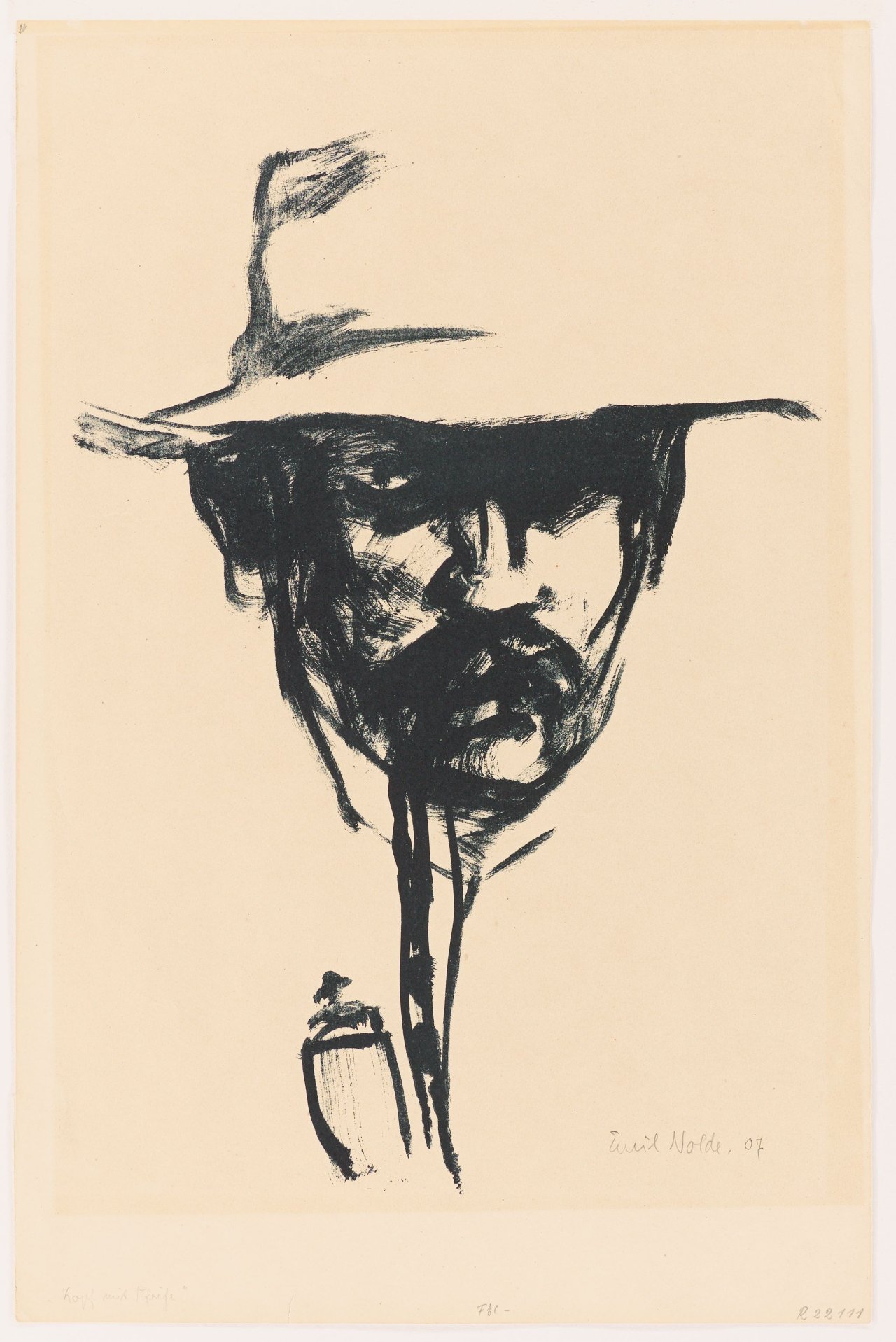 This picture shows the following artwork: Emil Nolde. ”Kopf mit Pfeife, E.N.” (Selbstbildnis). 1907.