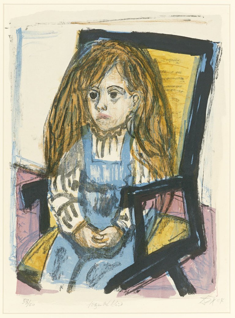 Auf diesem Bild ist das folgende Kunstwerk zu sehen: Otto Dix. „Sitzendes Kind (im Stuhl)“. 1964.