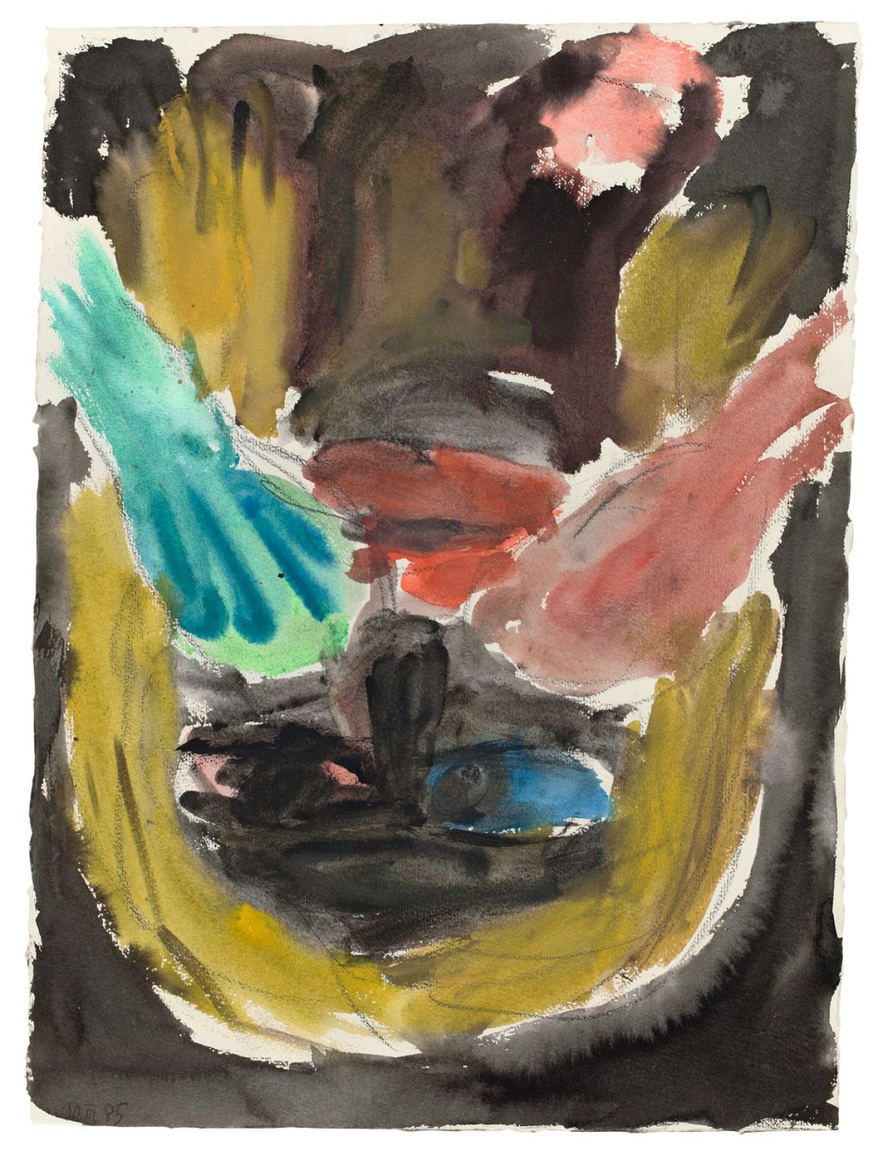 Auf diesem Bild ist das folgende Kunstwerk zu sehen: Georg Baselitz. Blonder Kopf mit grüner Hand. 1985.