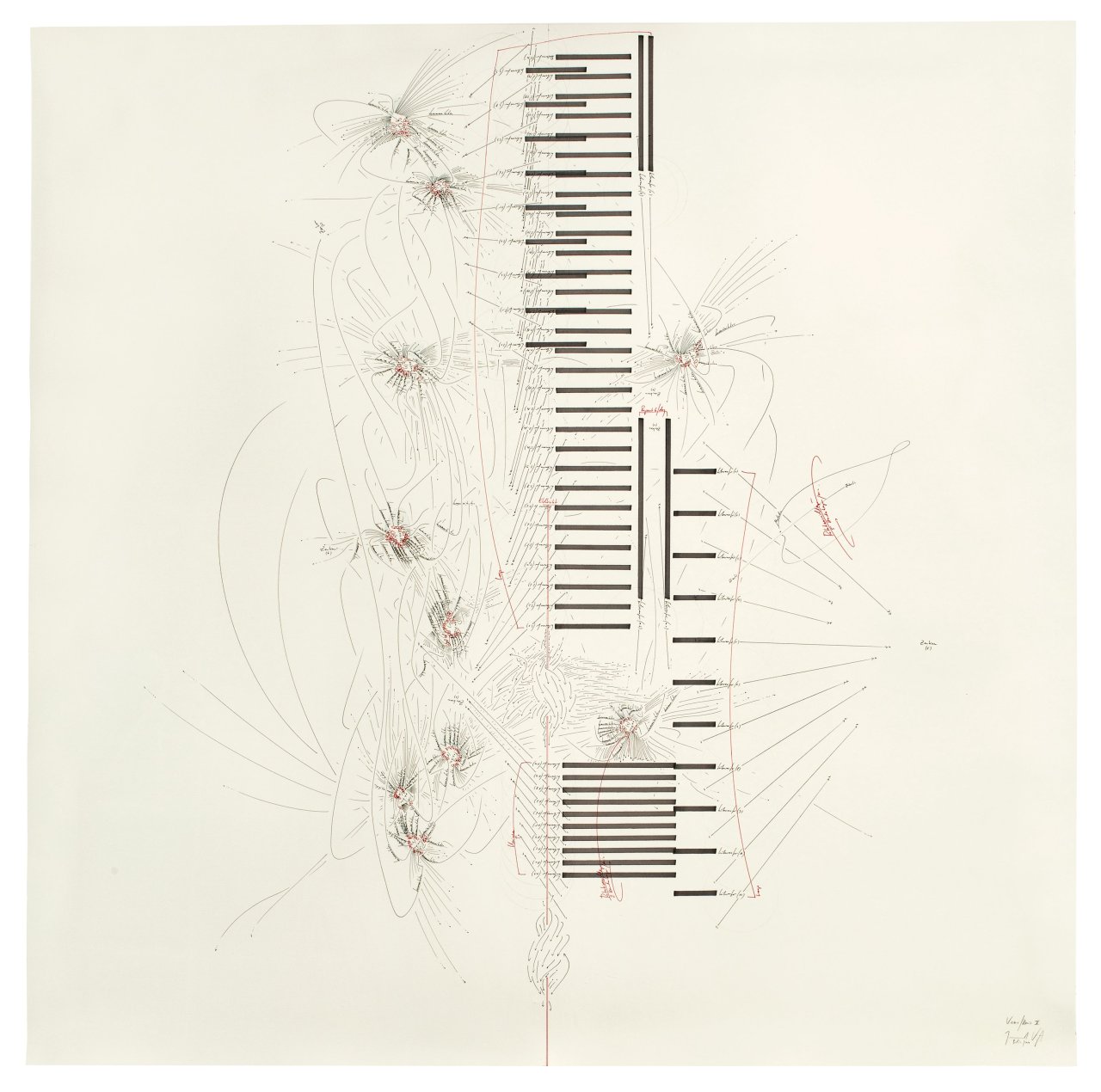 Auf diesem Bild ist das folgende Kunstwerk zu sehen: Jorinde Voigt. „Versus / Unus V“ (Konvex-Konkav Richtungsfelder / Elektri­zität; Subwoofer, Loop, Repeat / day, Unique; Melodie- Parameter, Zäsur; Richtungsangabe N-S; Rotationsrichtung, Umdrehung / min.; Zentren; Postion, Kommunikation; Supersymmetrie). 2010.