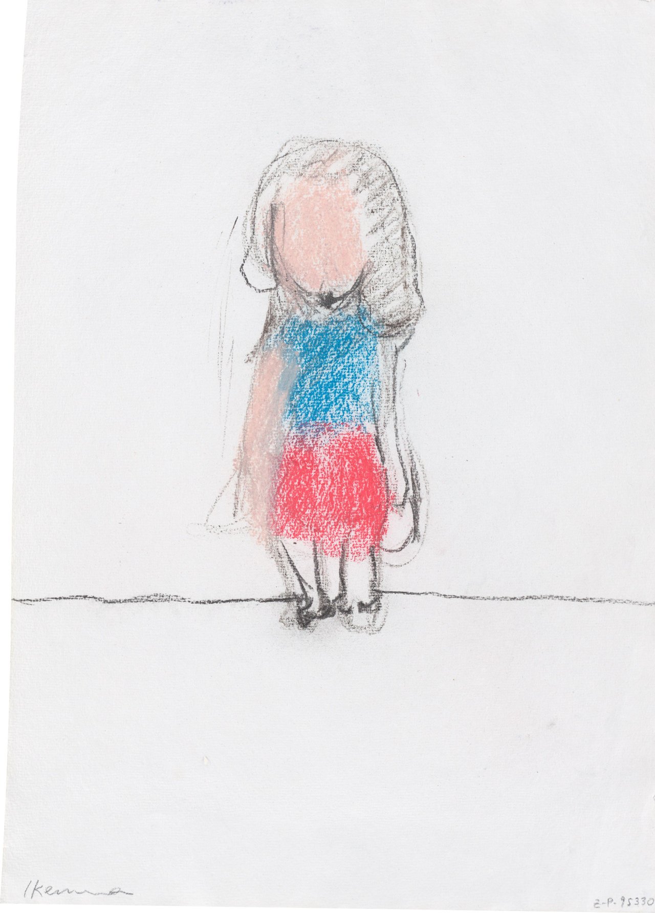 Auf diesem Bild ist das folgende Kunstwerk zu sehen: Leiko Ikemura. Ohne Titel (Mädchen mit rotem Rock und blauer Bluse). 1995.