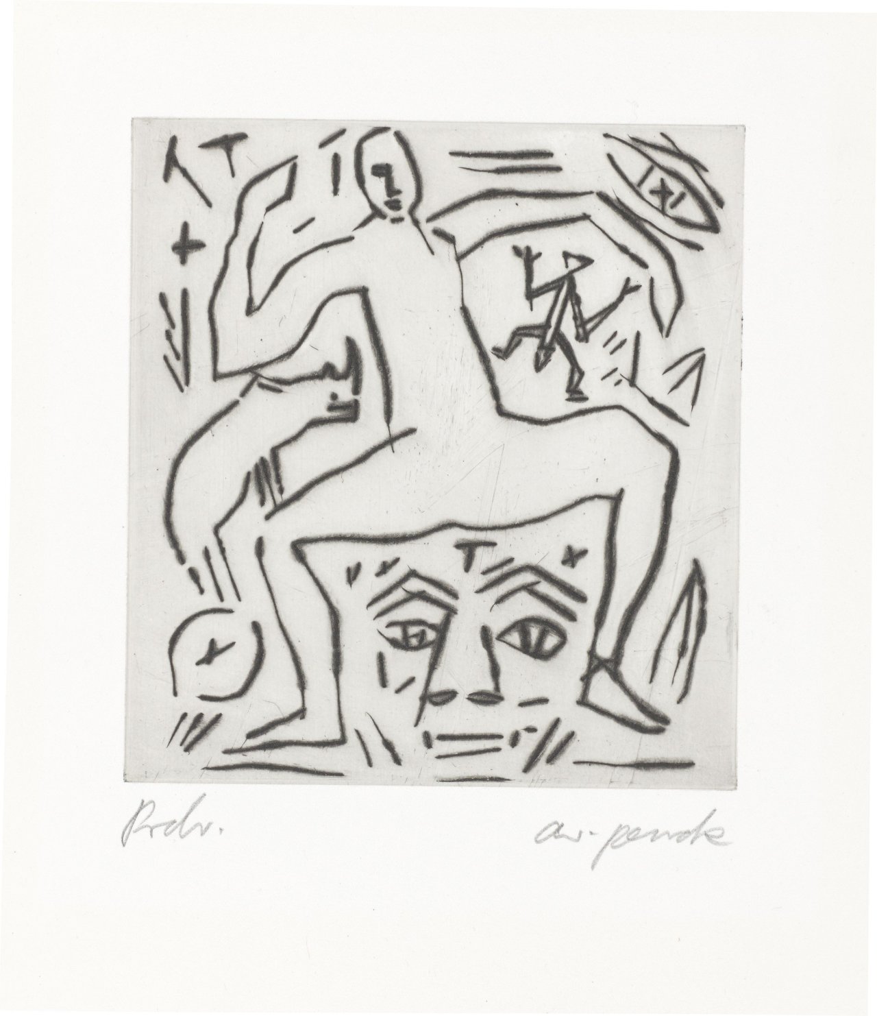 This picture shows the following artwork: A.R. Penck. Figur über Kopf.