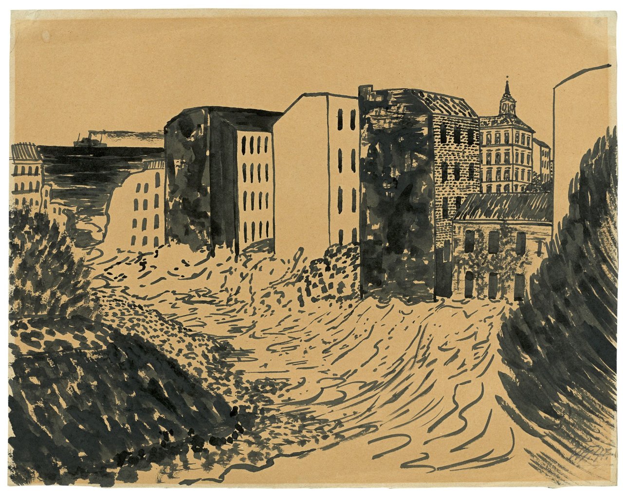 Auf diesem Bild ist das folgende Kunstwerk zu sehen: Werner Heldt. „Berlin am Meer (mit Dampfer links)“. 1947.