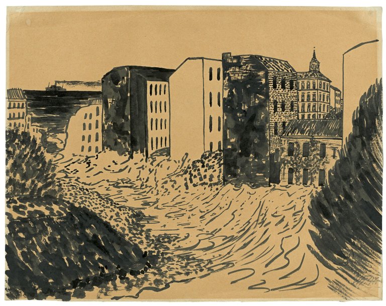 Auf diesem Bild ist das folgende Kunstwerk zu sehen: Werner Heldt. „Berlin am Meer (mit Dampfer links)“. 1947.
