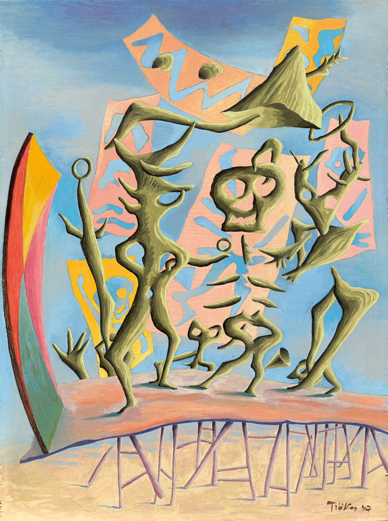 Auf diesem Bild ist das folgende Kunstwerk zu sehen: Heinz Trökes. „Tanz auf schwankendem Grund“. 1947.