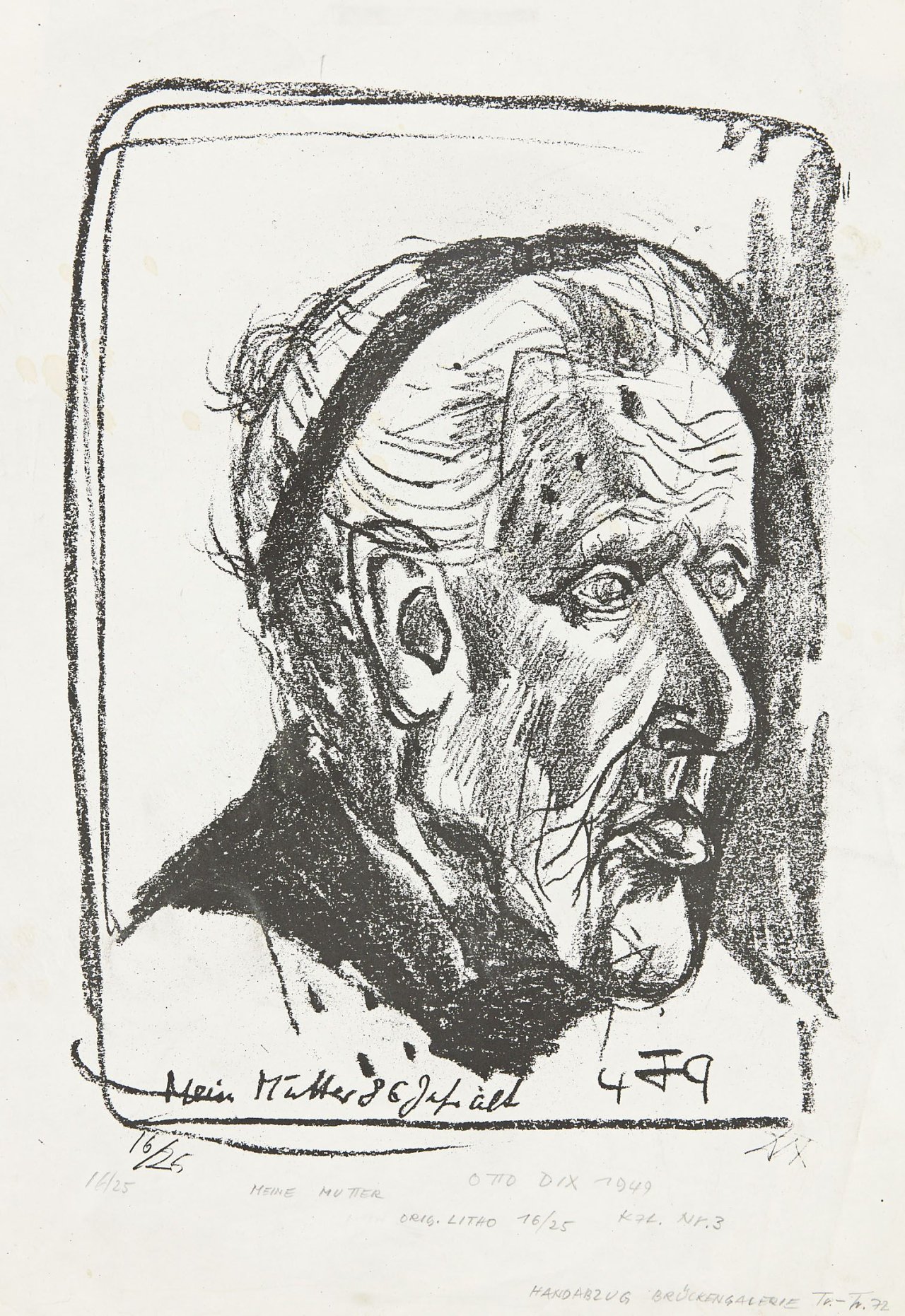 Auf diesem Bild ist das folgende Kunstwerk zu sehen: Otto Dix. „Meine Mutter auf dem Totenbett II (Vorderansicht)“ / „Meine Mutter 86 Jahr alt I (nach rechts blickend)“. 1954/1949.