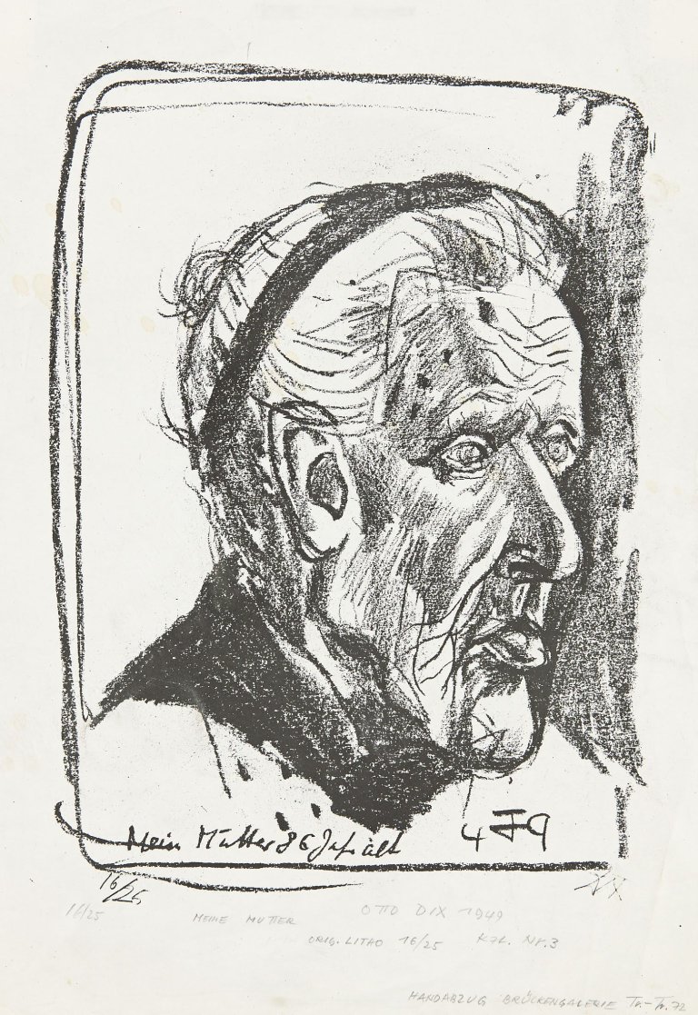 Auf diesem Bild ist das folgende Kunstwerk zu sehen: Otto Dix. „Meine Mutter auf dem Totenbett II (Vorderansicht)“ / „Meine Mutter 86 Jahr alt I (nach rechts blickend)“. 1954/1949.