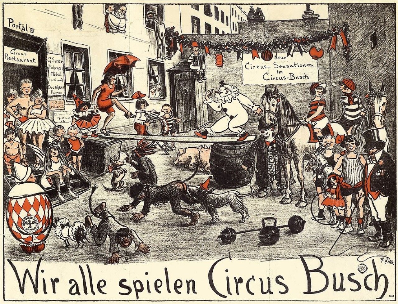 Auf diesem Bild ist das folgende Kunstwerk zu sehen: Heinrich Zille. „Wir alle spielen Circus Busch“. 1922.