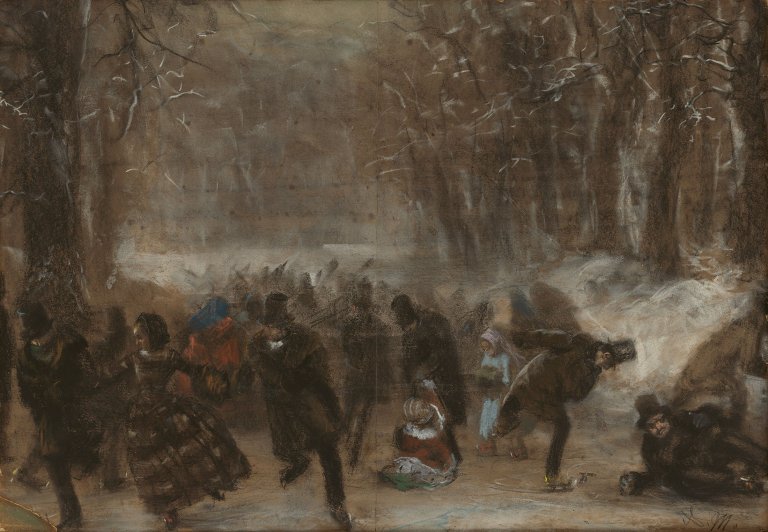 Auf diesem Bild ist das folgende Kunstwerk zu sehen: Adolph Menzel. Schlittschuhläufer (im Tiergarten in Berlin?). Um 1855/56.