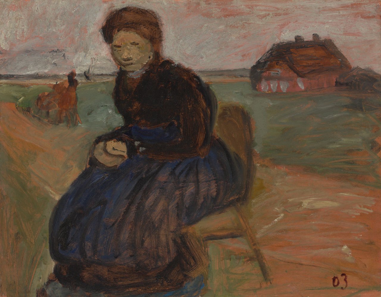 This picture shows the following artwork: Paula Modersohn-Becker. ”Auf einem Stuhl sitzende Bäuerin vor Landschaft mit Haus”. 1903.