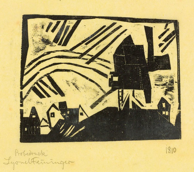 Auf diesem Bild ist das folgende Kunstwerk zu sehen: Lyonel Feininger. „Windmühle mit Regenbogen“. 1918.