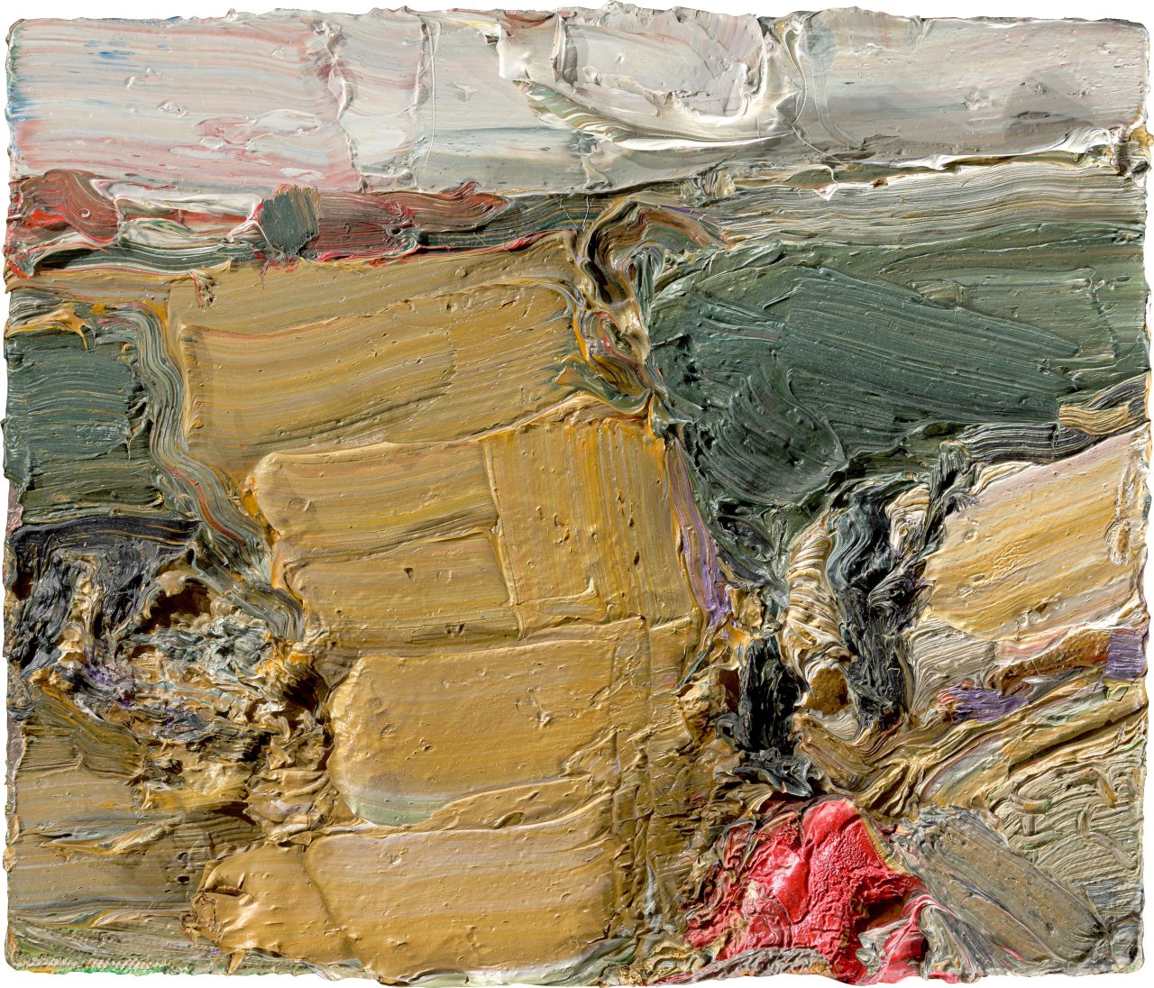 This picture shows the following artwork: Klaus Fußmann. Landscape with rapeseed field and red roof. 2011.