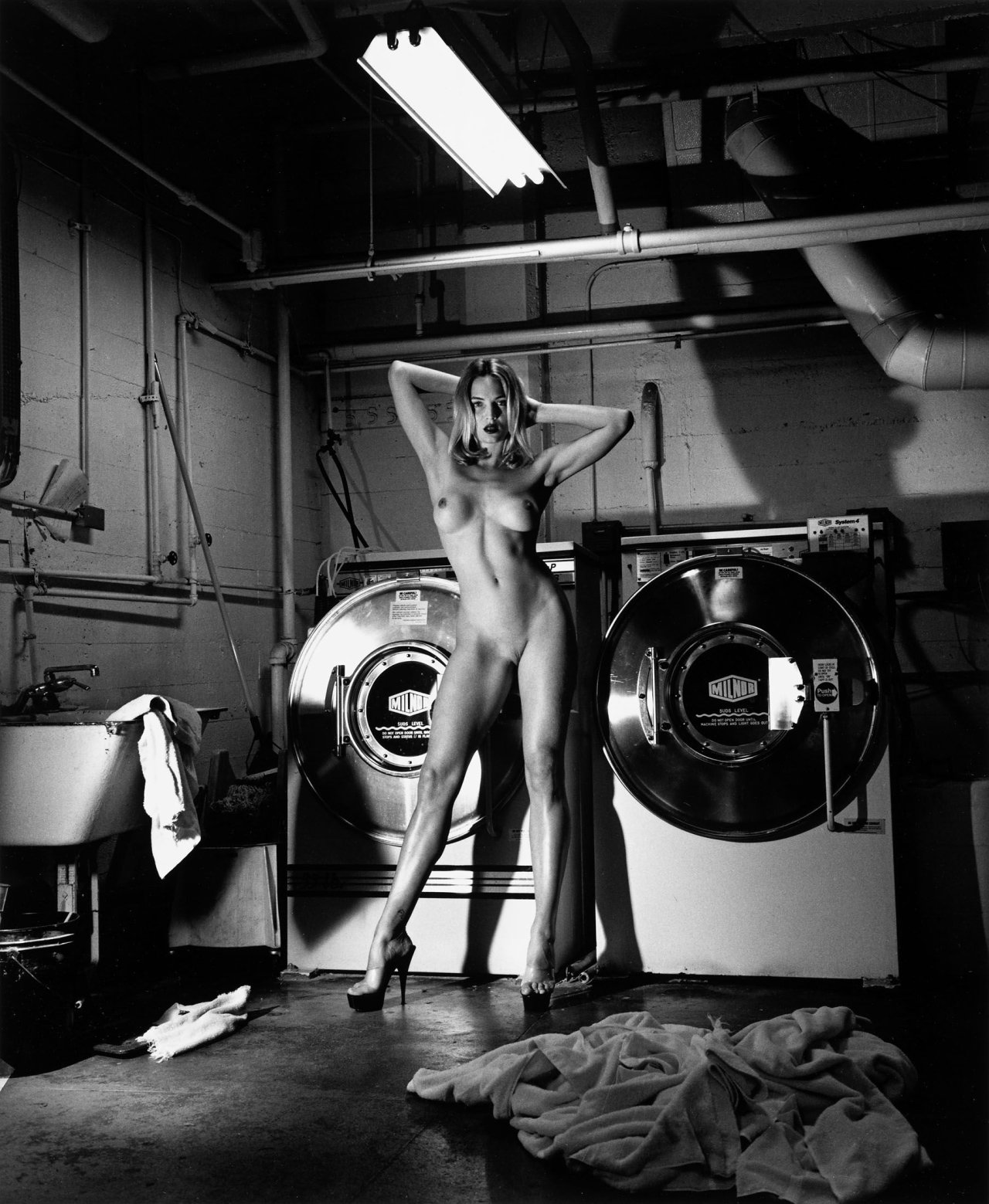 Auf diesem Bild ist das folgende Kunstwerk zu sehen: Helmut Newton. „’Domestic Nude III’ in the laundry room, Chateau Marmont, Hollywood“. 1992.