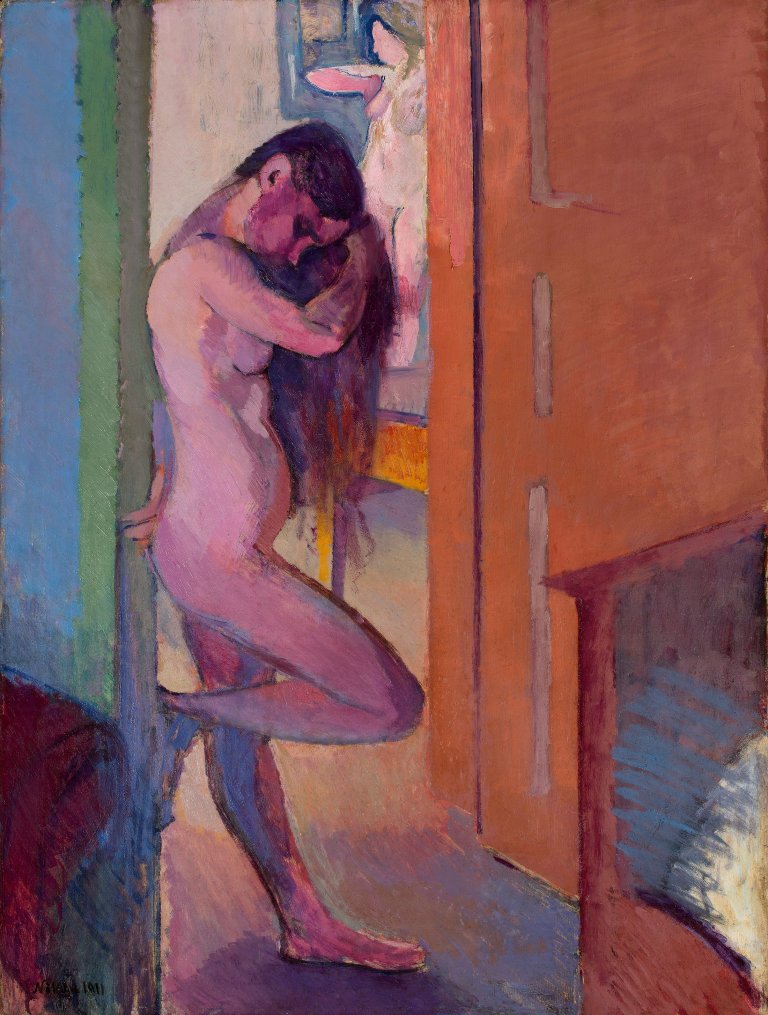 Auf diesem Bild ist das folgende Kunstwerk zu sehen: Franz Nölken. „In der Tür stehender weiblicher Akt“. 1911.
