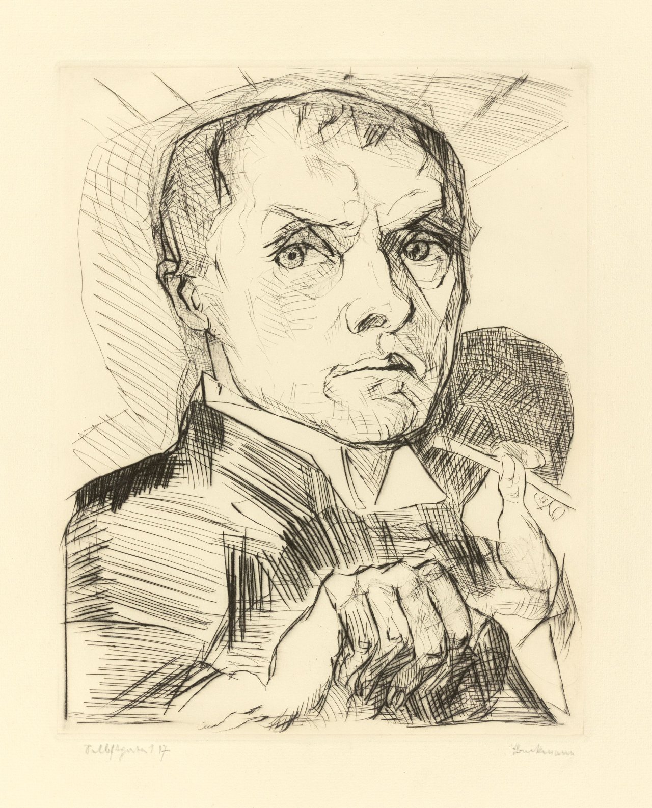 Auf diesem Bild ist das folgende Kunstwerk zu sehen: Max Beckmann. „Selbstbildnis mit Griffel“. 1916?.