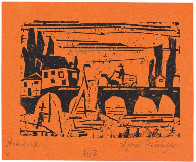 Auf diesem Bild ist das folgende Kunstwerk zu sehen: Lyonel Feininger. „Wagen auf einer Brücke“. 1918.