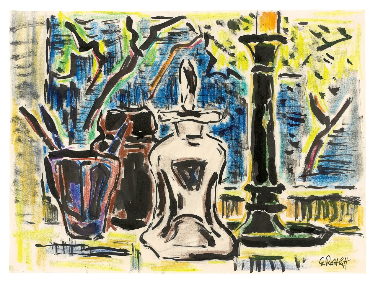 Auf diesem Bild ist das folgende Kunstwerk zu sehen: Karl Schmidt-Rottluff. Stillleben mit Glasflakon. 1960er-Jahre.