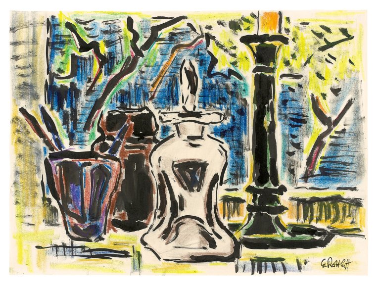 Auf diesem Bild ist das folgende Kunstwerk zu sehen: Karl Schmidt-Rottluff. Stillleben mit Glasflakon. 1960er-Jahre.