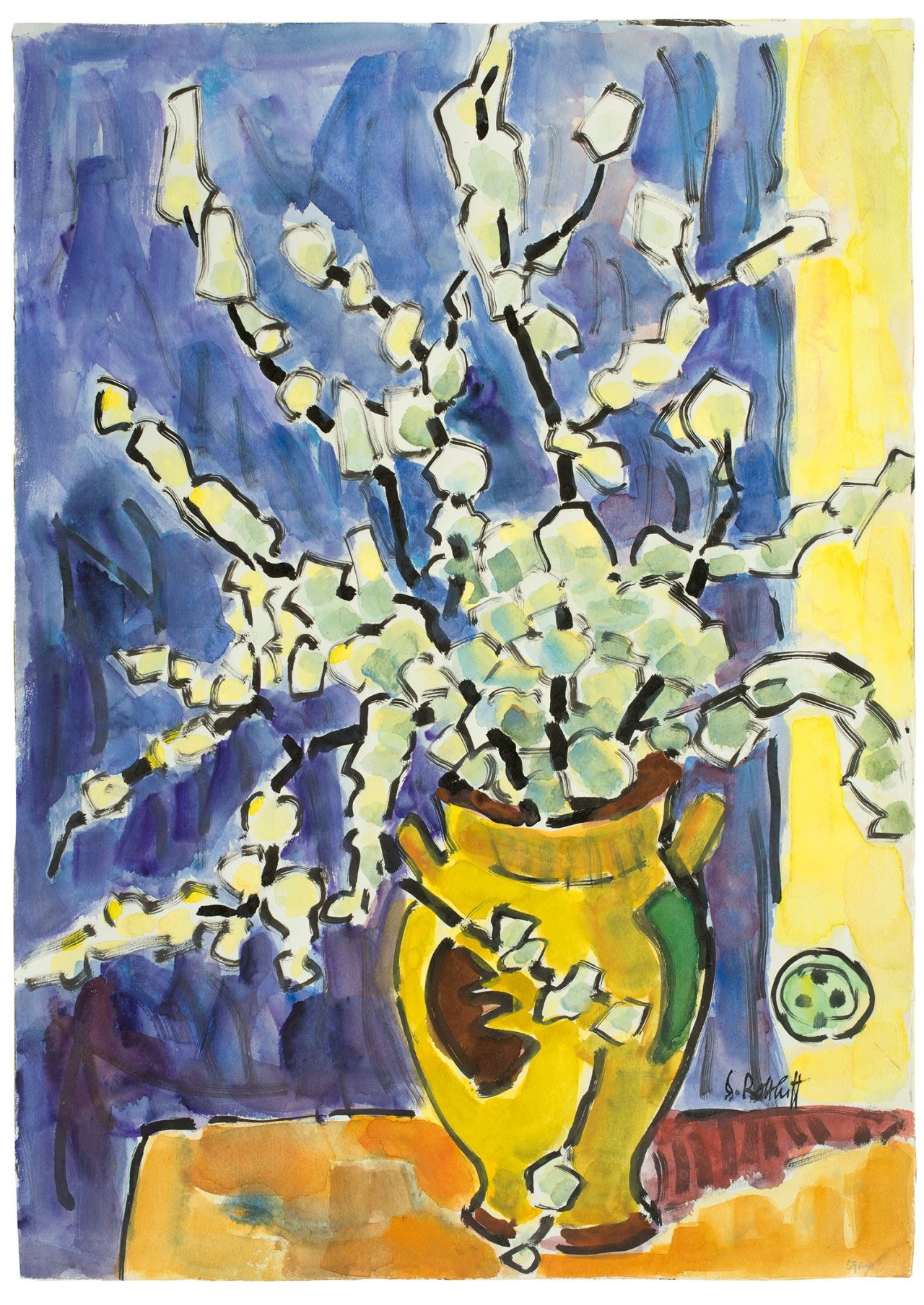 Auf diesem Bild ist das folgende Kunstwerk zu sehen: Karl Schmidt-Rottluff. „Blühende Schwarzdornzweige“. 1959.