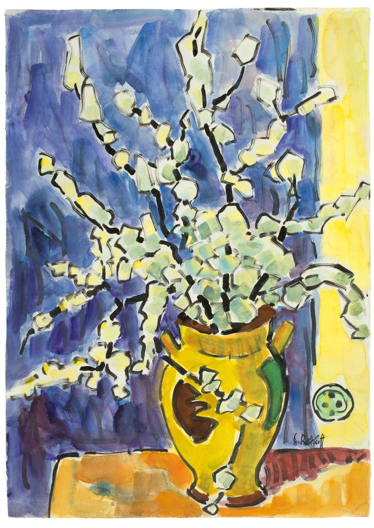 Auf diesem Bild ist das folgende Kunstwerk zu sehen: Karl Schmidt-Rottluff. „Blühende Schwarzdornzweige“. 1959.