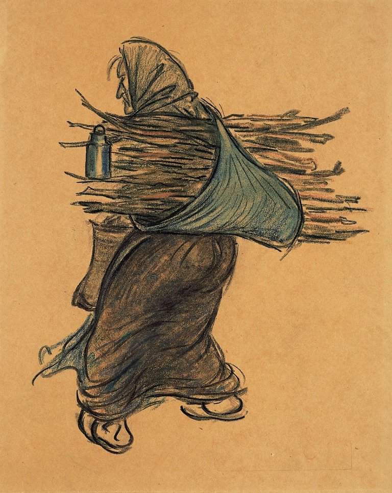Auf diesem Bild ist das folgende Kunstwerk zu sehen: Heinrich Zille. Alte Frau mit Reisigbündel. Um 1900.