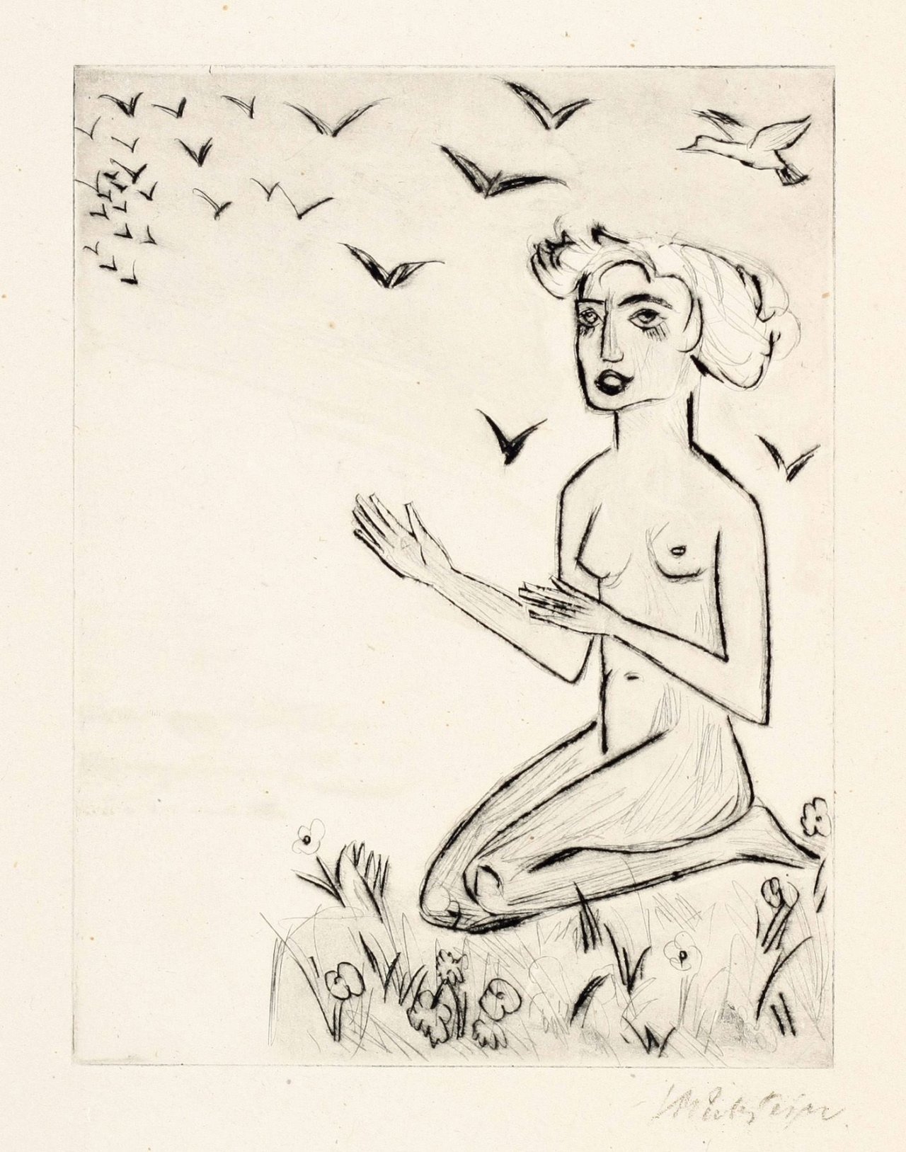 Auf diesem Bild ist das folgende Kunstwerk zu sehen: Max Pechstein. „Das kniende Mädchen mit den Vögeln“. 1923.