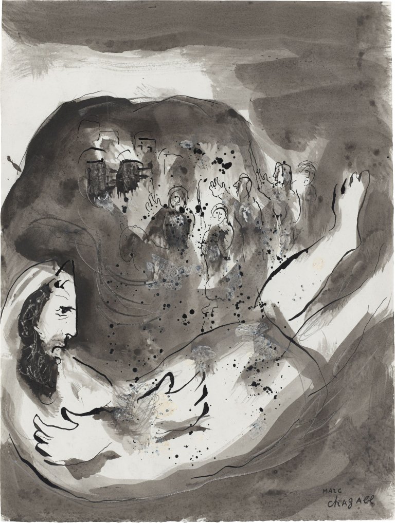 Auf diesem Bild ist das folgende Kunstwerk zu sehen: Marc Chagall. „Prophétie d’Abdias“ (Die Prophezeiung Obadjas vom Gericht über Edom). 1956.