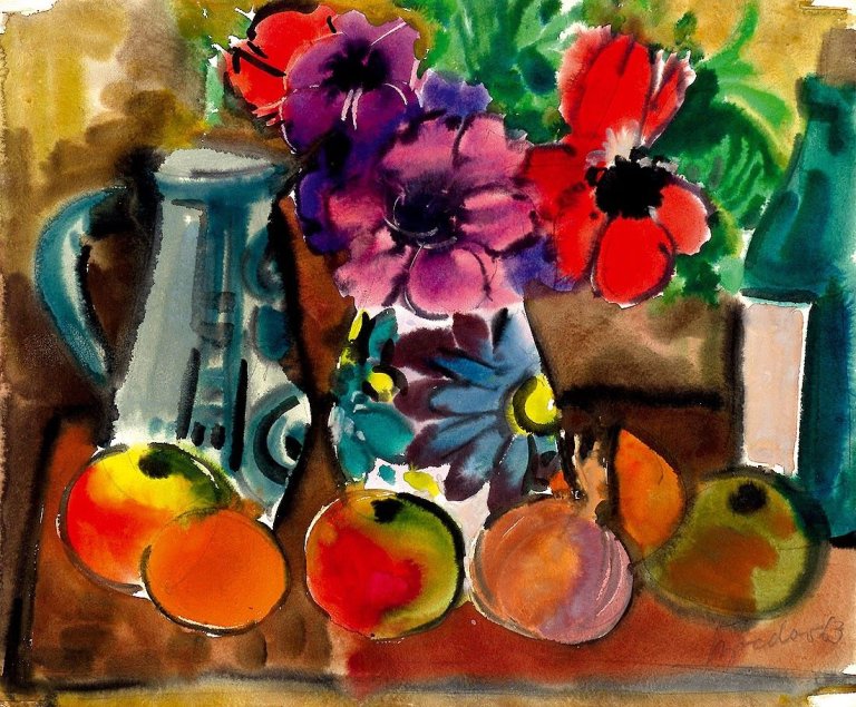 Auf diesem Bild ist das folgende Kunstwerk zu sehen: Rudolf Bredow. „Bunte Krüge, Anemonen und Äpfel”. 1963.