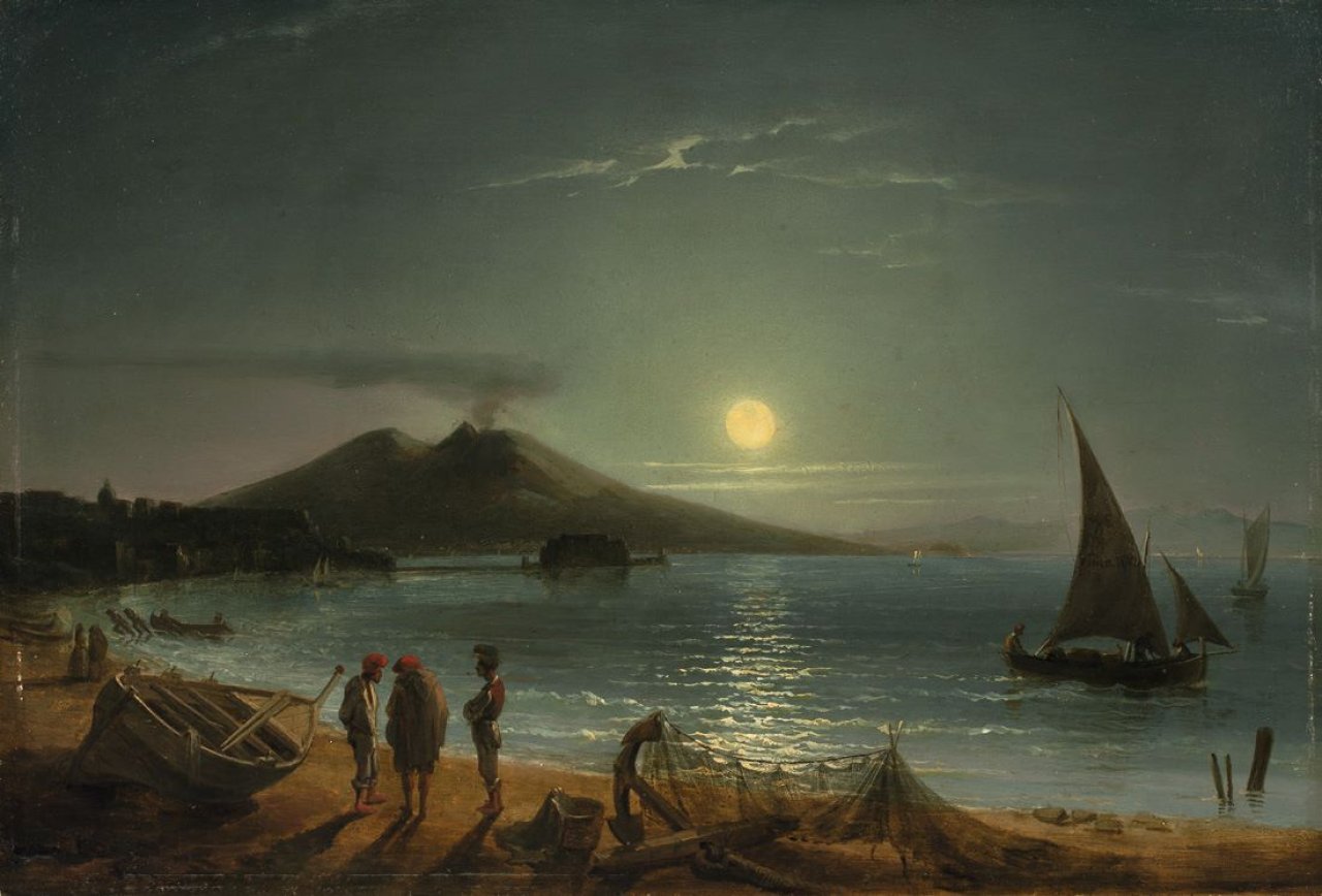 Auf diesem Bild ist das folgende Kunstwerk zu sehen: Gustaf Wilhelm Palm. Mondschein über der Bucht von Neapel. 1842.