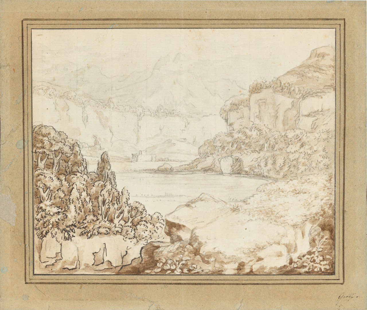 Auf diesem Bild ist das folgende Kunstwerk zu sehen: Johann Wolfgang von Goethe. Gebirgssee in südlicher Landschaft. Um 1810.