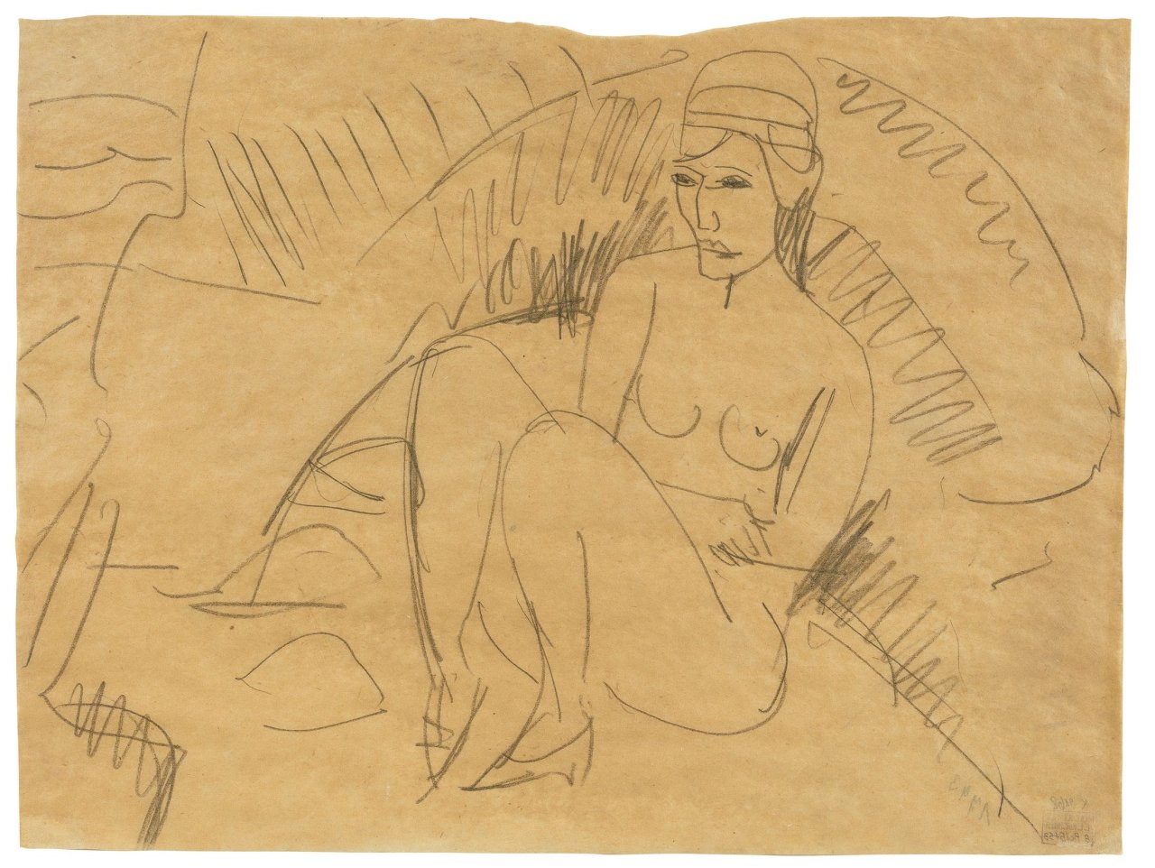 Auf diesem Bild ist das folgende Kunstwerk zu sehen: Ernst Ludwig Kirchner. „Akt (Erna) am Strand von Fehmarn“. Um 1913.