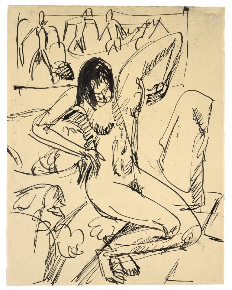 Auf diesem Bild ist das folgende Kunstwerk zu sehen: Ernst Ludwig Kirchner. Akt auf dem Sofa. Um 1912.