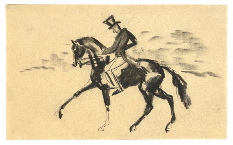 Auf diesem Bild ist das folgende Kunstwerk zu sehen: August Macke. „Trabender Reiter“. 1914.