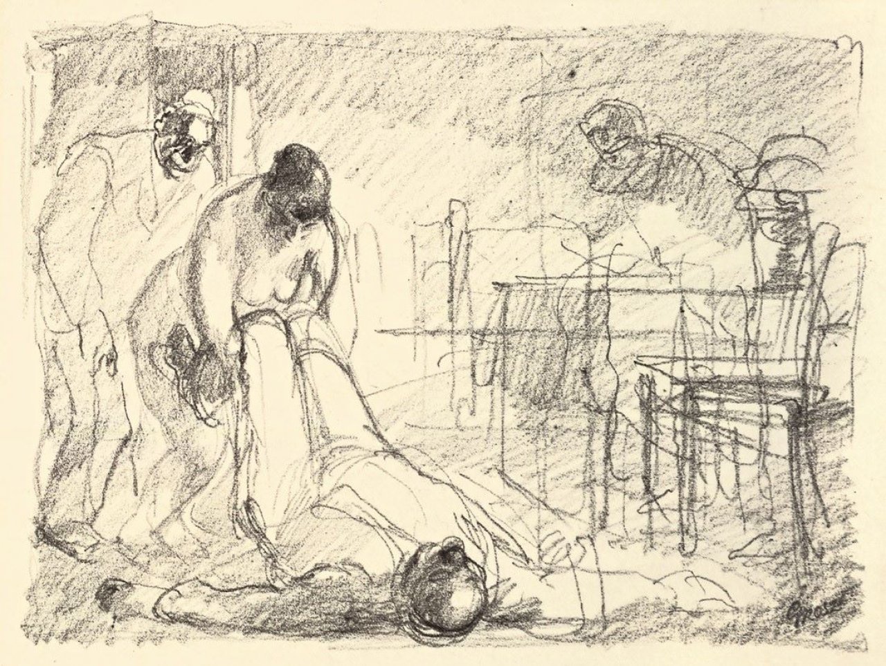Auf diesem Bild ist das folgende Kunstwerk zu sehen: George Grosz. „Mordszene“. 1912.
