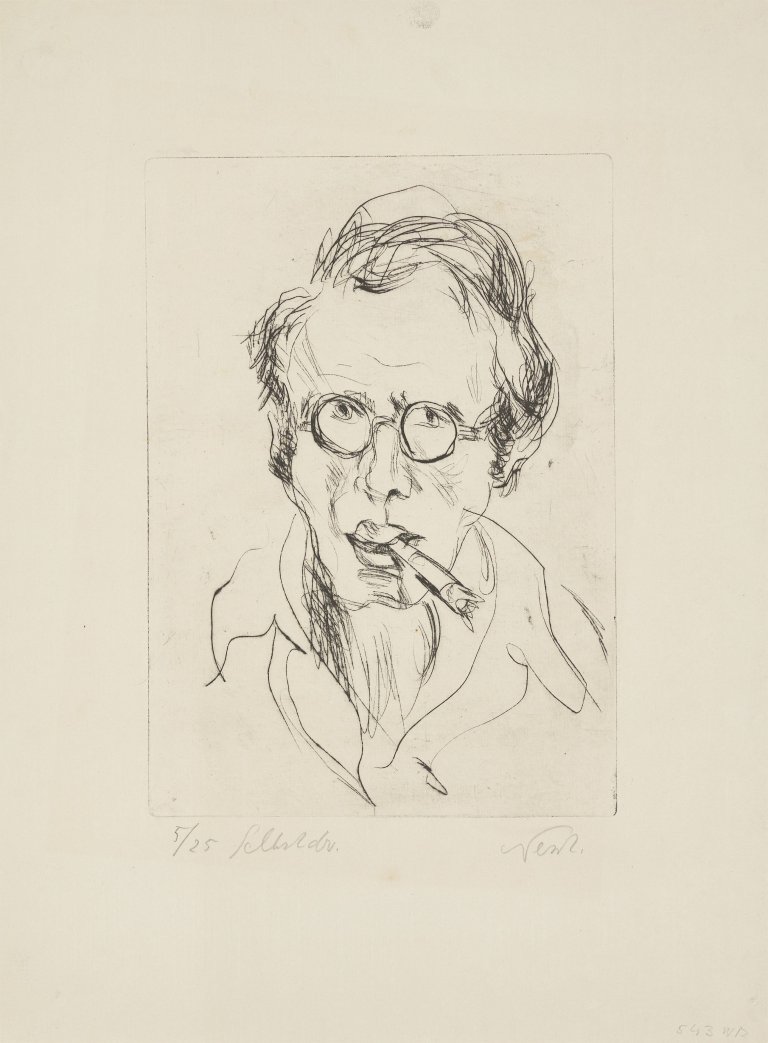 Auf diesem Bild ist das folgende Kunstwerk zu sehen: Rolf Nesch. „Selbstbildnis mit Zigarre“. Um 1922.