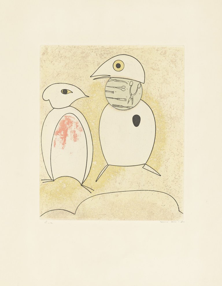 Auf diesem Bild ist das folgende Kunstwerk zu sehen: Max Ernst. Aus: „Dorothea Tanning: Oiseaux en péril“. 1975.