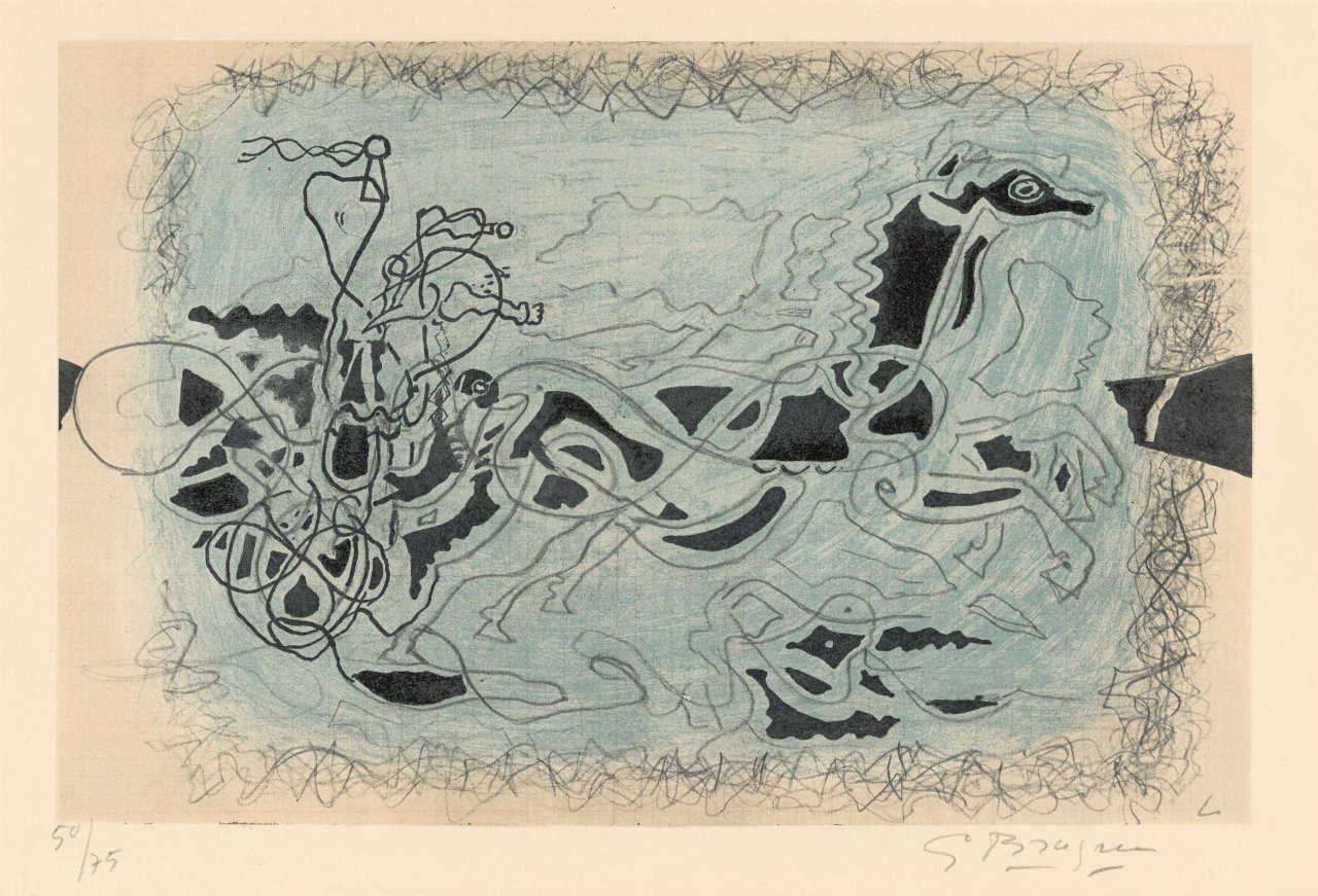 Auf diesem Bild ist das folgende Kunstwerk zu sehen: Georges Braque. „Le char bleu“. 1955.
