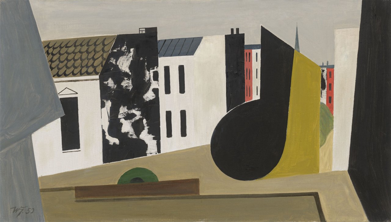 Auf diesem Bild ist das folgende Kunstwerk zu sehen: Werner Heldt. „Stilleben mit Häusern (Sonntagnachmittag)“. 1952.