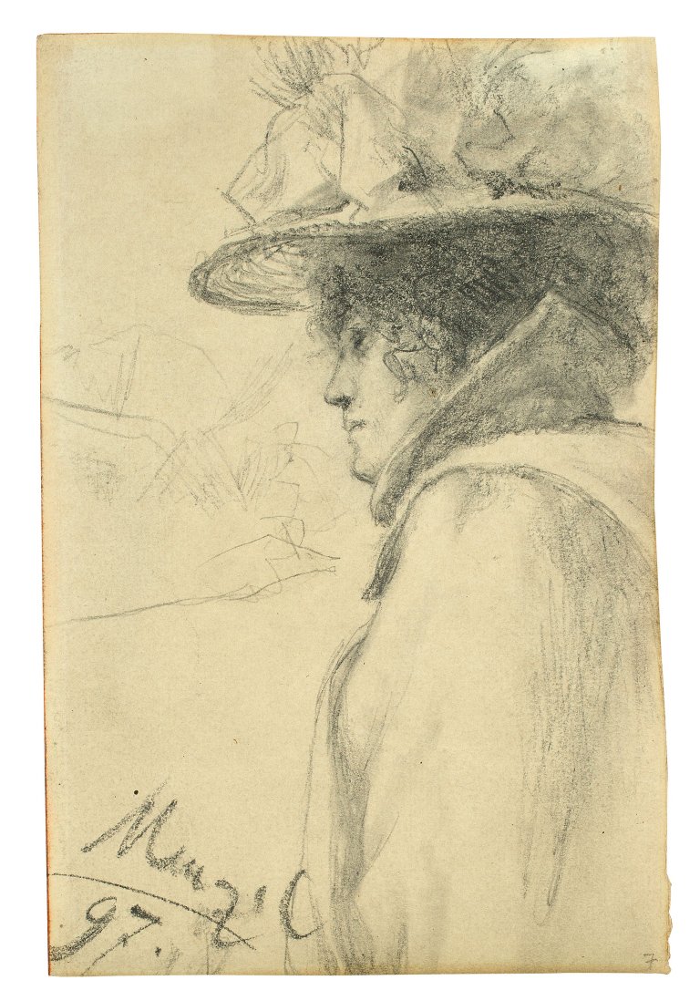 Auf diesem Bild ist das folgende Kunstwerk zu sehen: Adolph Menzel. Frau mit großem Hut, nach links blickend. 1897.